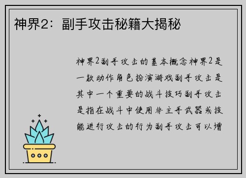 神界2：副手攻击秘籍大揭秘